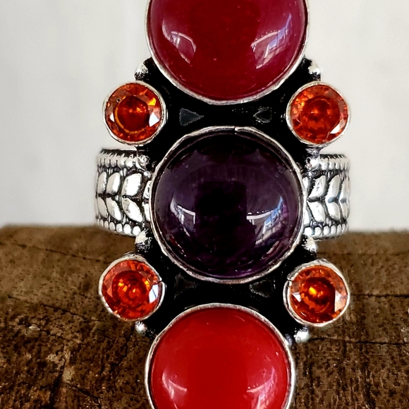 New Cherry Ruby, Amethyst, Coral & Garnet 925 Silver Ring - Picture 4 of 8